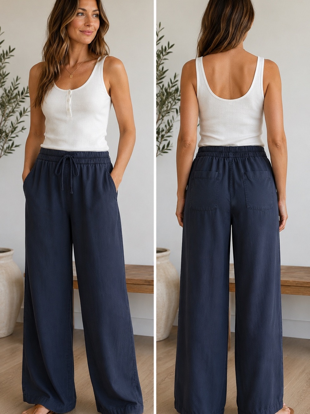 Bass Wide-Leg Drawstring Pants in Navy